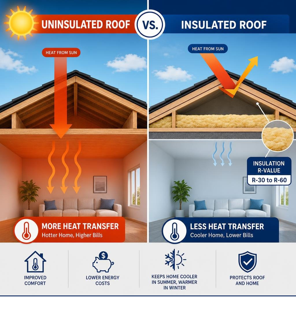 Comparison infographic: heat transfer through uninsulated roof vs. insulated roof with R-value labels infographic