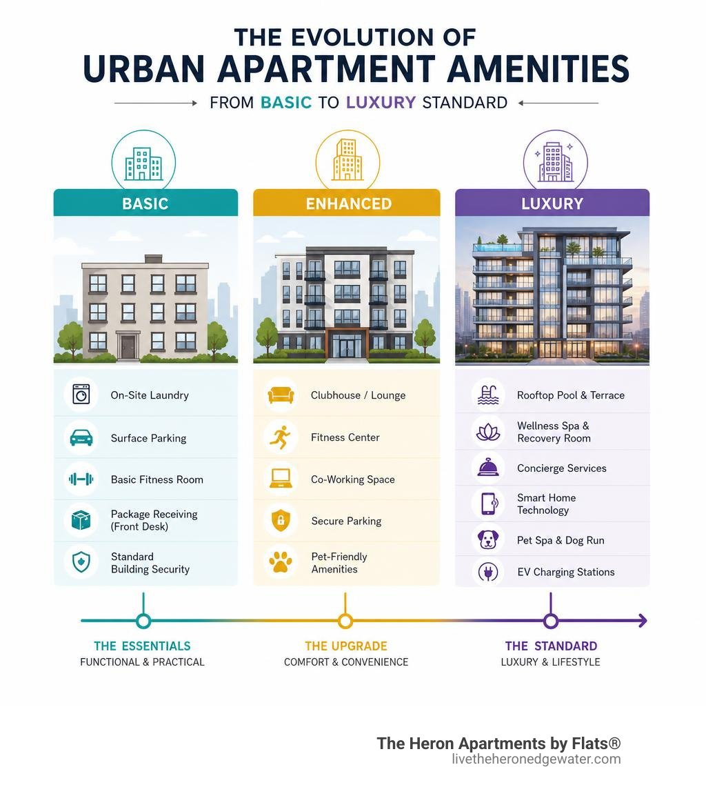 Infographic showing evolution of urban apartment amenities from basic to luxury standard infographic Infographic showing evolution of urban apartment amenities from basic to luxury standard infographic