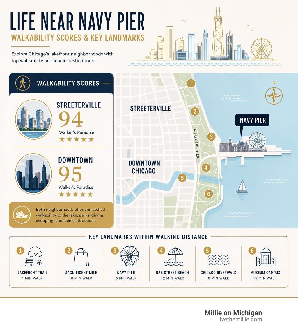 Infographic showing walkability scores and key landmarks near Navy Pier Chicago neighborhoods infographic