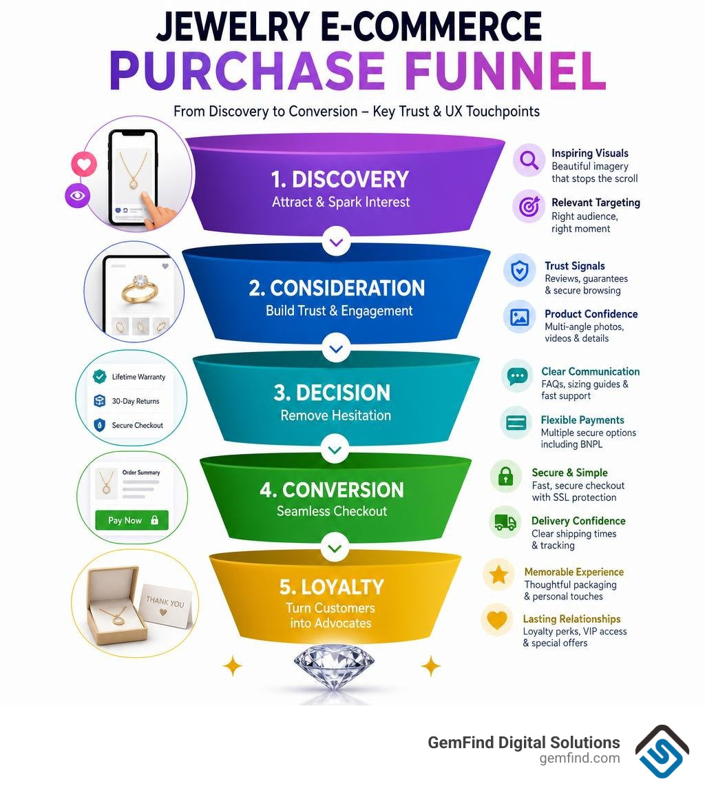 Jewelry e-commerce purchase funnel from discovery to conversion, showing key trust and UX touchpoints infographic