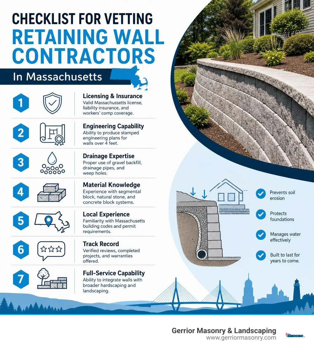 Checklist infographic for vetting retaining wall contractors in Massachusetts infographic