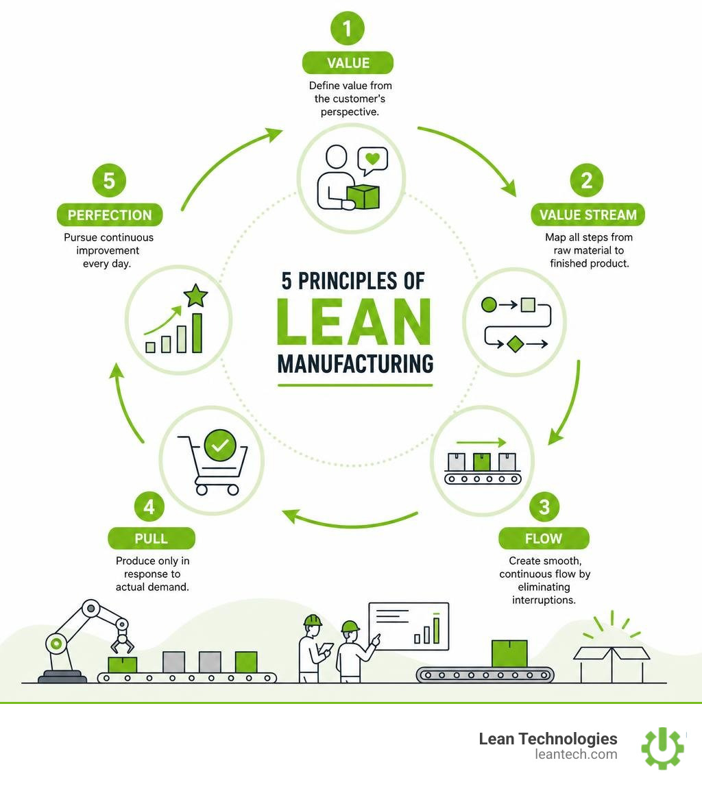 5 principles of lean manufacturing flowchart: Value, Value Stream, Flow, Pull, Perfection infographic