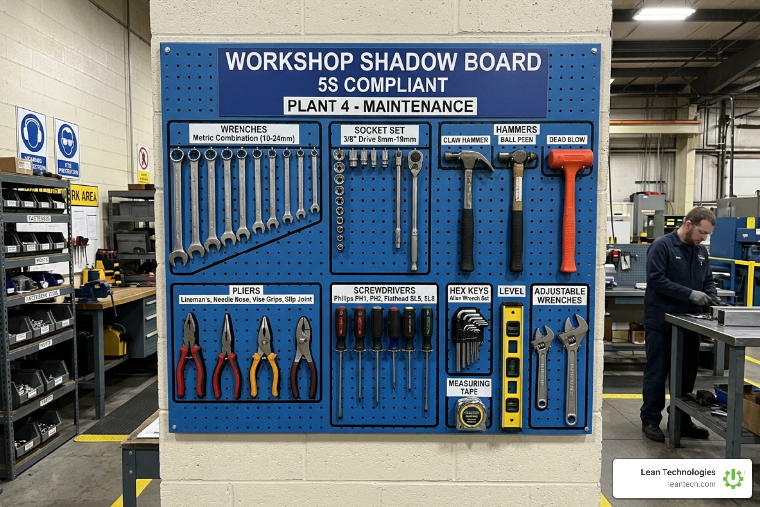 5S shadow board showing neatly organized tools on the shop floor