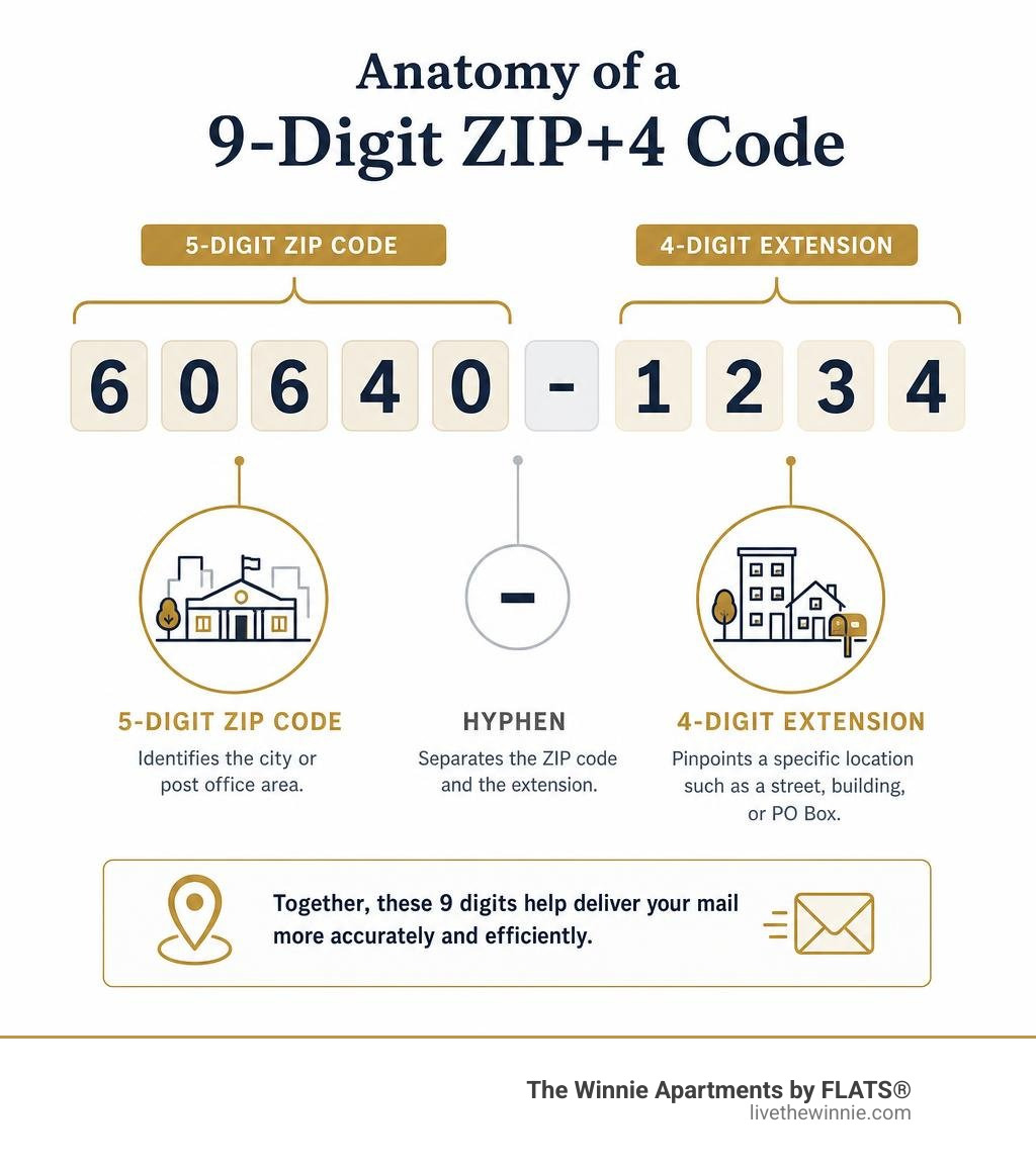 Anatomy of a 9-digit ZIP+4 code showing 5-digit ZIP, hyphen, and 4-digit extension with labels infographic Anatomy of a 9-digit ZIP+4 code showing 5-digit ZIP, hyphen, and 4-digit extension with labels infographic