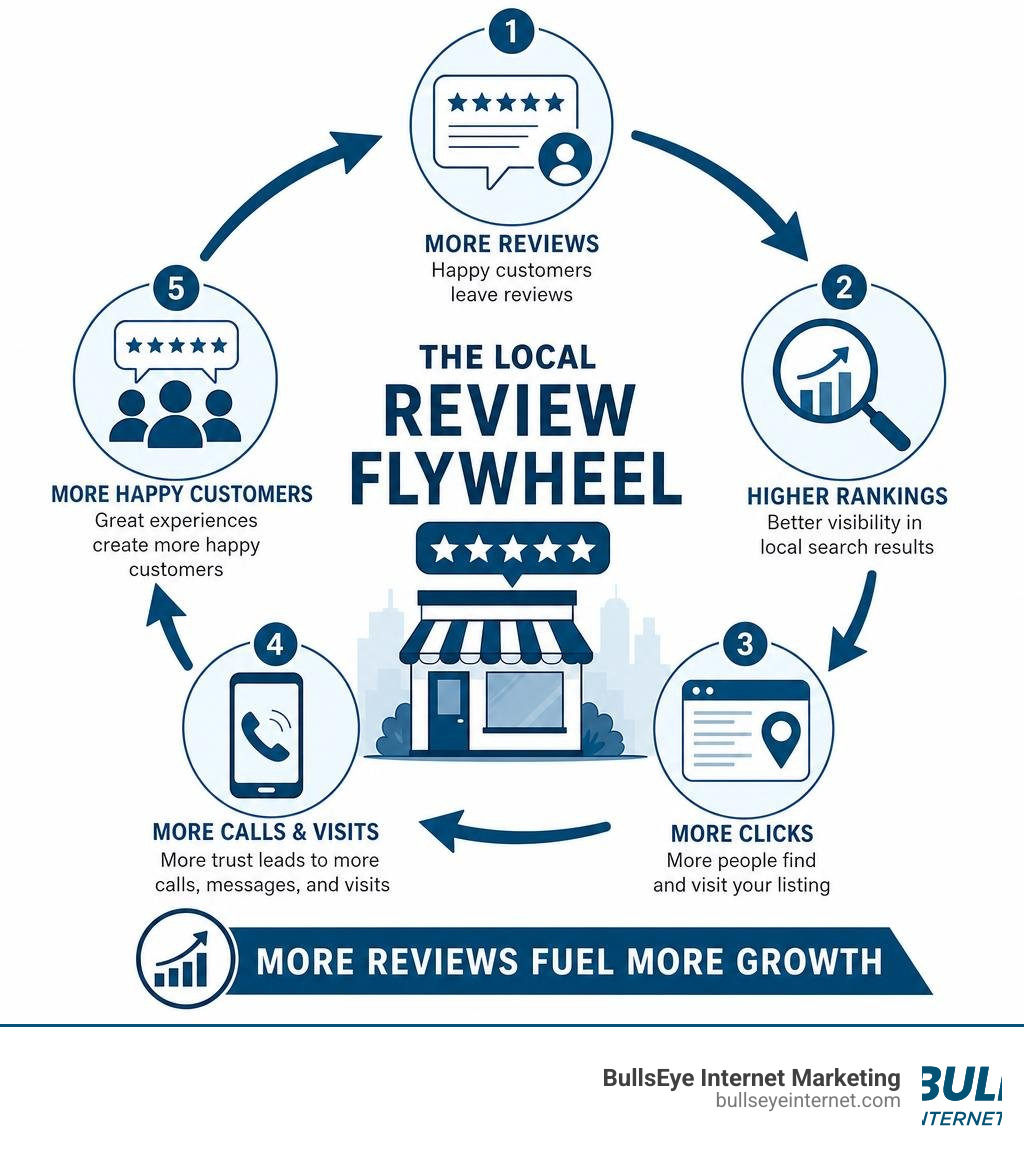 Local review flywheel infographic showing how reviews drive rankings, clicks, calls, and more reviews infographic Local review flywheel infographic showing how reviews drive rankings, clicks, calls, and more reviews infographic