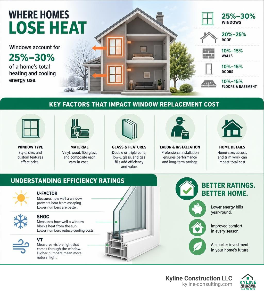 Infographic showing window heat loss percentages, key cost factors, and efficiency ratings for Central Ohio homeowners Infographic showing window heat loss percentages, key cost factors, and efficiency ratings for Central Ohio homeowners