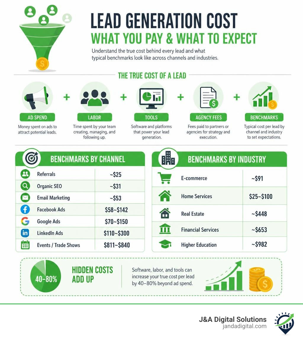 Infographic showing lead generation cost components including ad spend, labor, tools, agency fees, and benchmarks by channel Infographic showing lead generation cost components including ad spend, labor, tools, agency fees, and benchmarks by channel