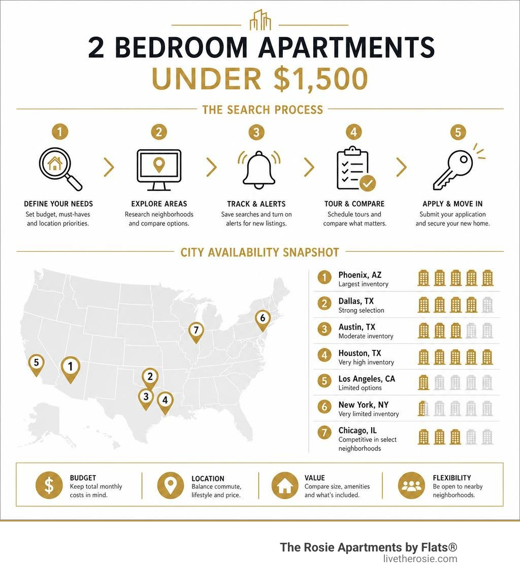 Infographic showing search process and city availability for 2 bedroom apartments under $1500 infographic