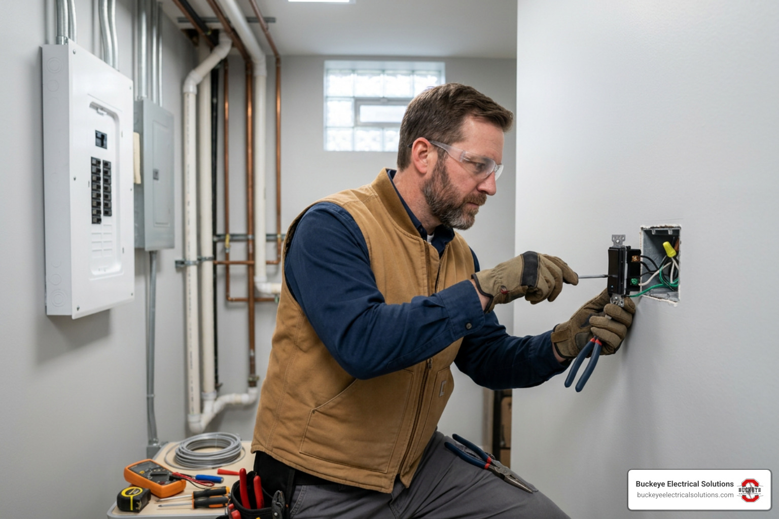 Professional electrician in Ohio installing a smart switch in a clean residential utility room