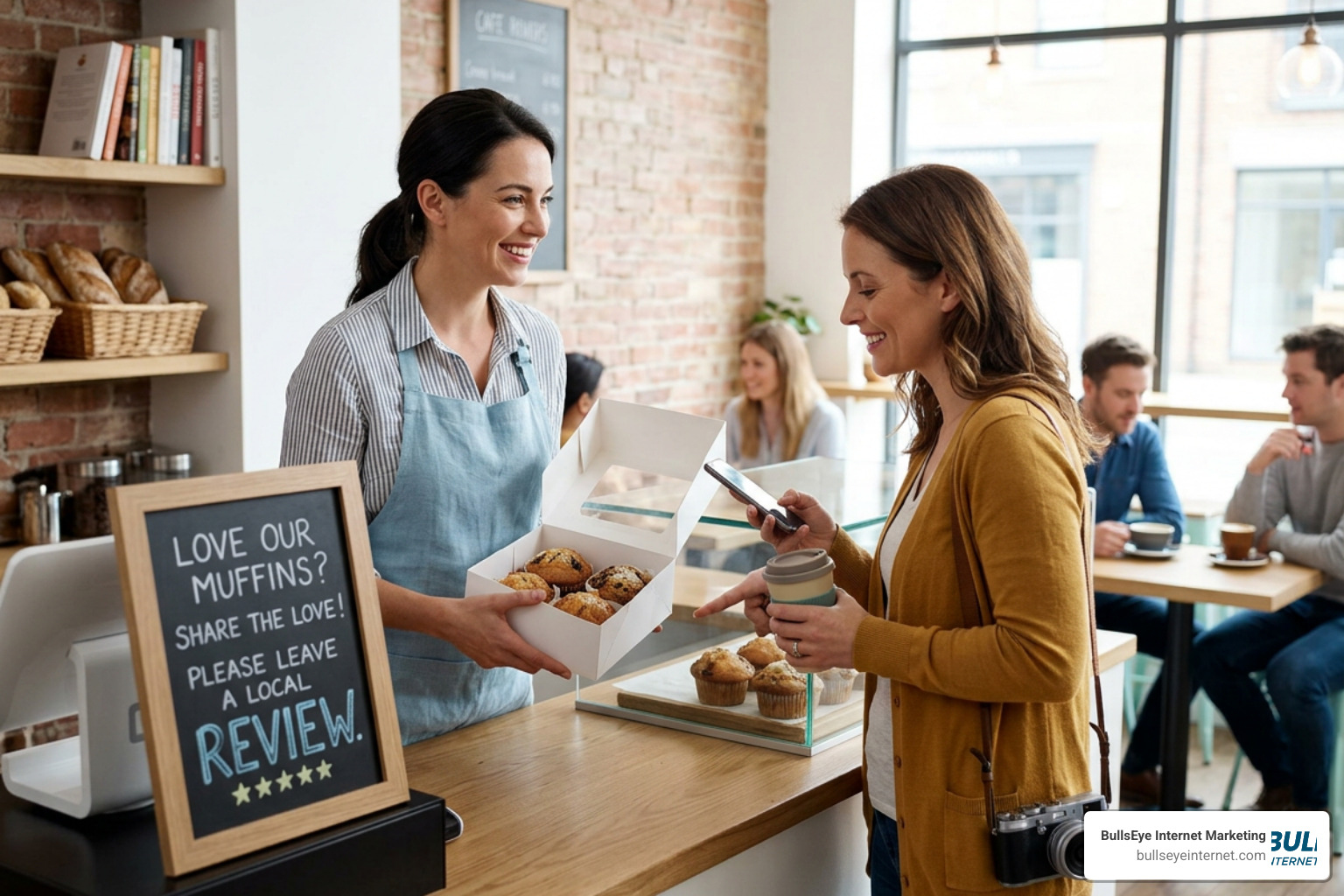 Customer scanning a QR code on a checkout counter to leave a Google review Customer scanning a QR code on a checkout counter to leave a Google review