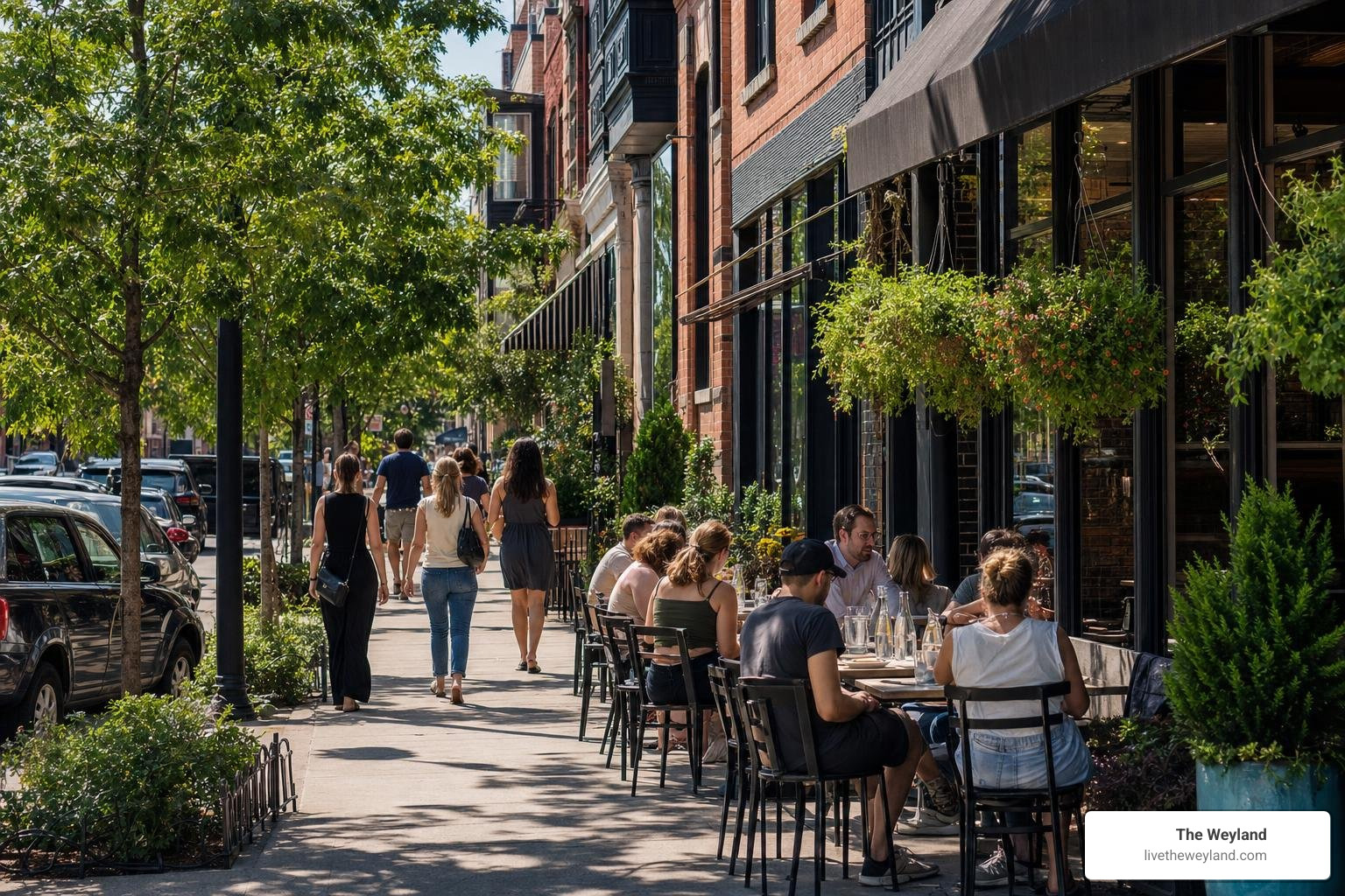 Vibrant street scene in Wicker Park Chicago showing boutique shops and outdoor dining