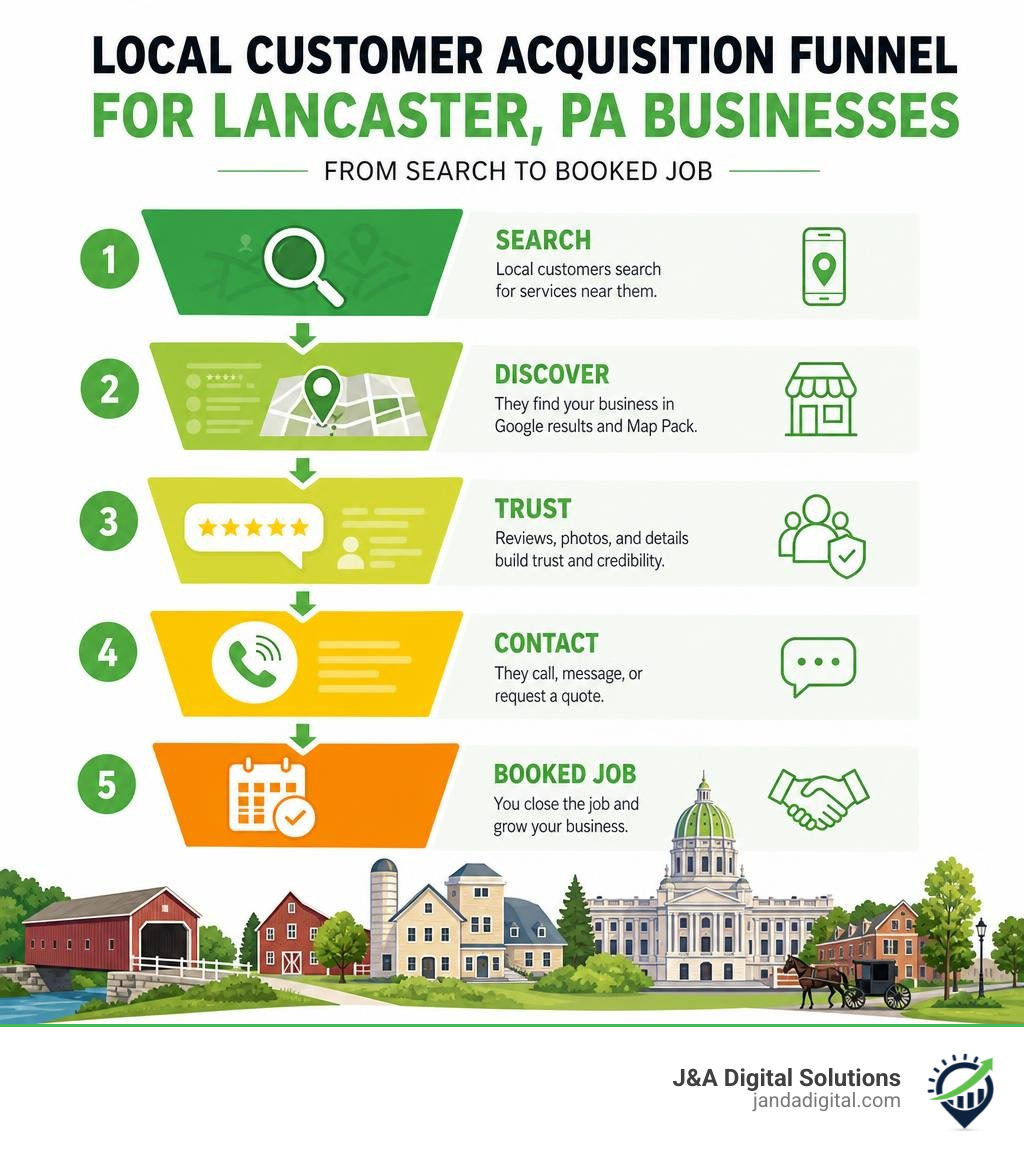 Local customer acquisition funnel for Lancaster PA businesses — from search to booked job infographic
