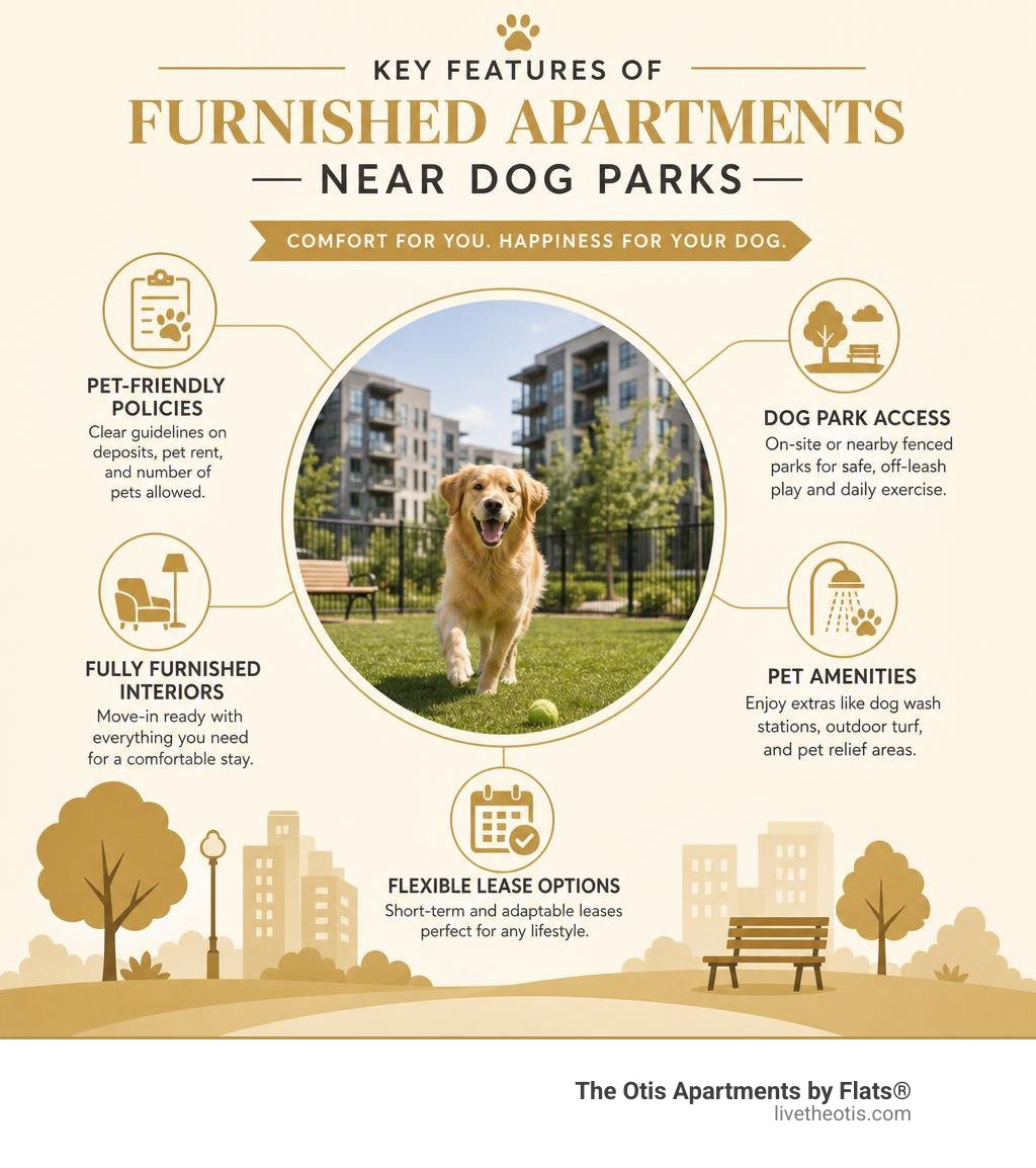 Infographic showing key features of furnished apartments near dog parks including pet policies, amenities, and lease options Infographic showing key features of furnished apartments near dog parks including pet policies, amenities, and lease options