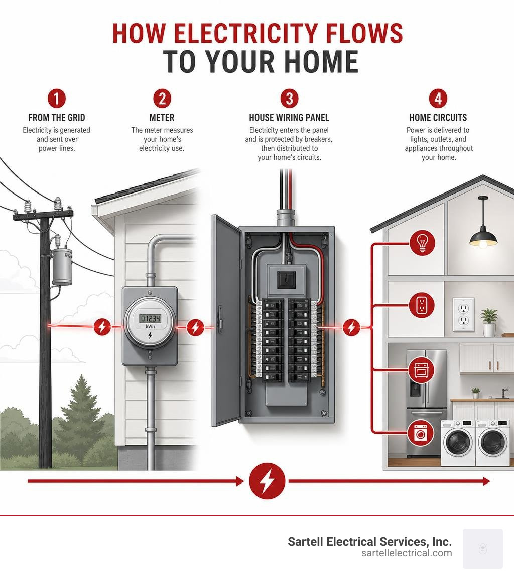 Infographic showing how electricity flows from the grid through the meter to the house wiring panel and into home circuits