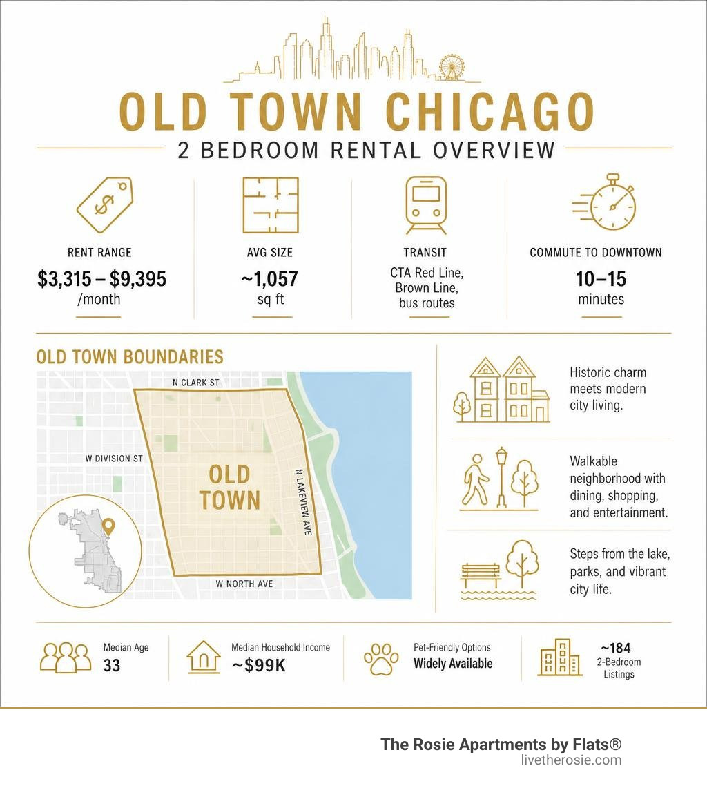 Infographic showing Old Town Chicago 2 bedroom rental overview: rent range, avg size, transit, and boundaries infographic Infographic showing Old Town Chicago 2 bedroom rental overview: rent range, avg size, transit, and boundaries infographic