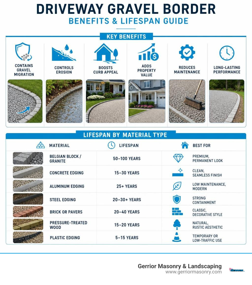 Infographic showing driveway gravel border benefits: contains gravel migration, controls erosion, boosts curb appeal, adds