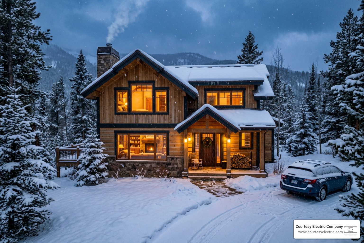Colorado home during winter storm with lights on inside, snow falling outside, cozy warm glow