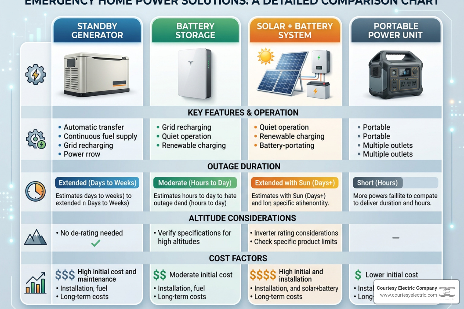 Infographic comparing Colorado backup power options: standby generator, battery storage, solar plus battery, portable units
