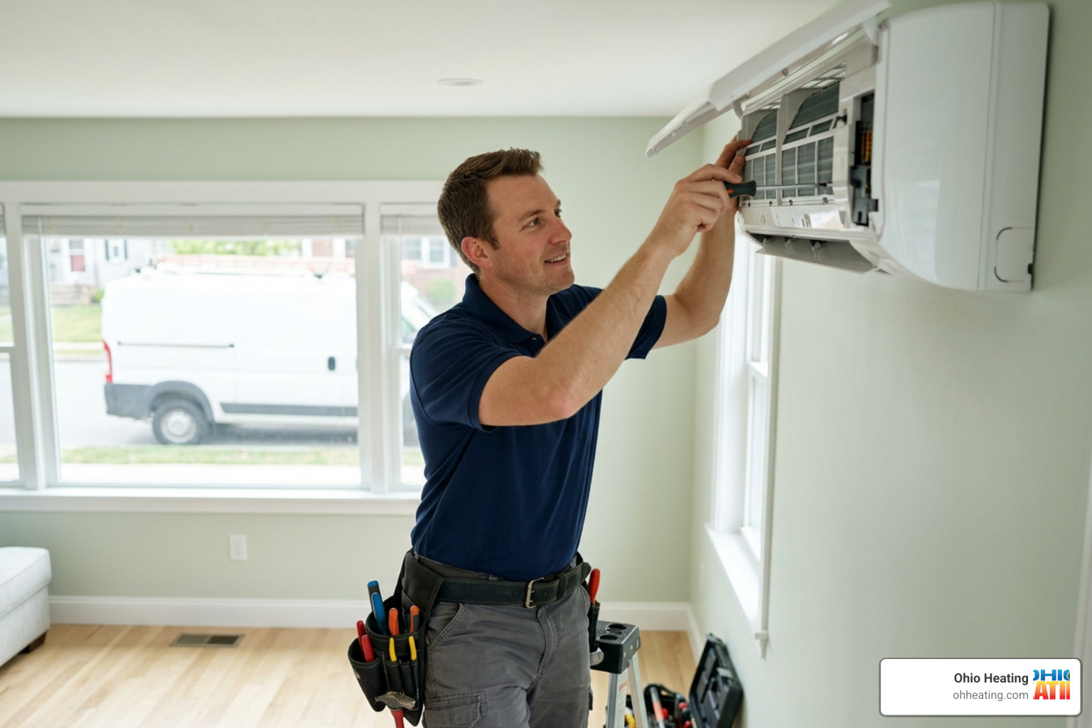 A professional technician wearing work gloves inspecting an outdoor condenser unit with diagnostic tools A professional technician wearing work gloves inspecting an outdoor condenser unit with diagnostic tools