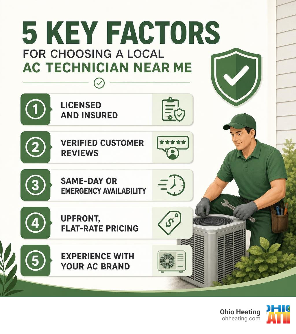 Checklist infographic showing 5 key factors for choosing a local AC technician near me infographic Checklist infographic showing 5 key factors for choosing a local AC technician near me infographic