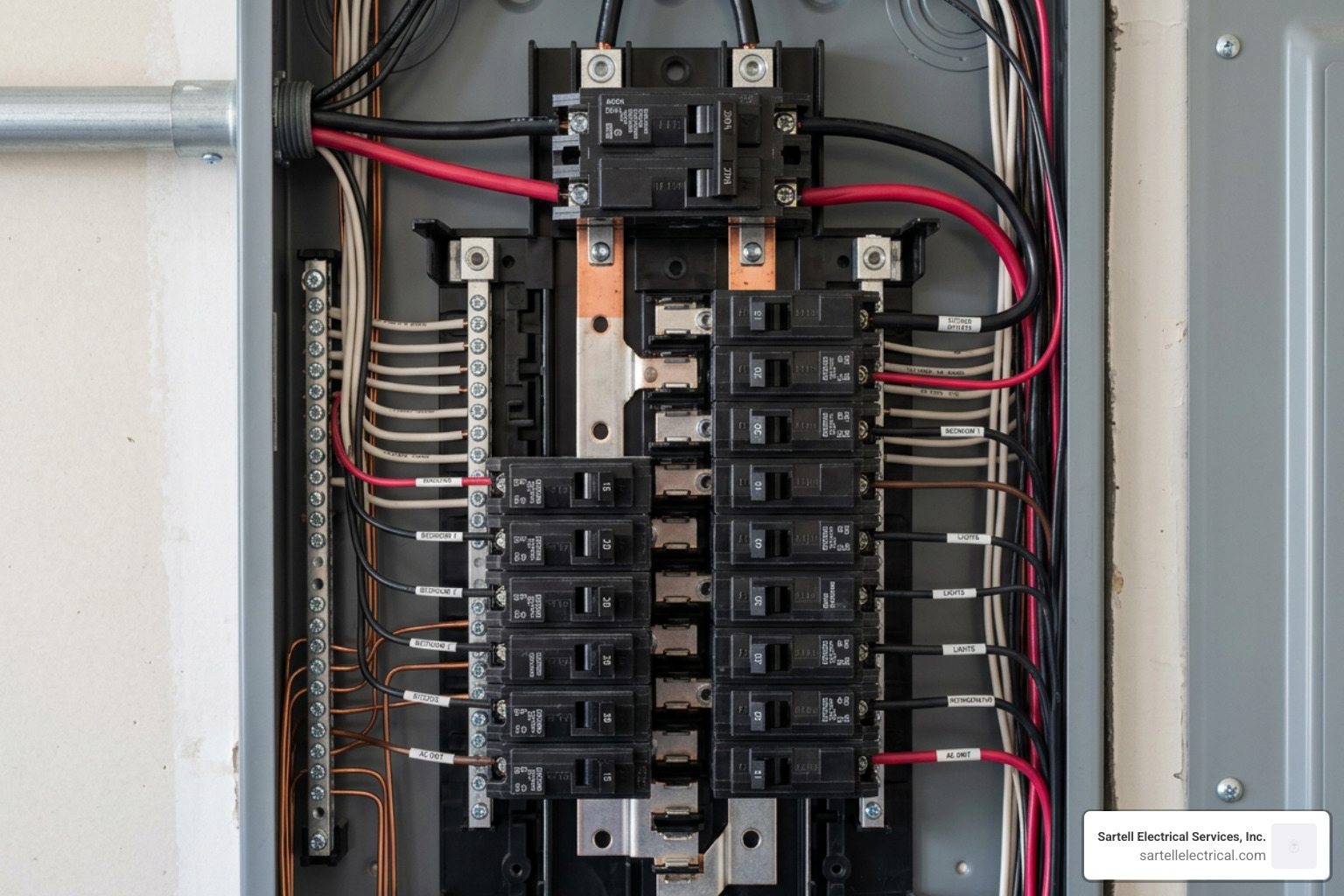 Interior components of a residential house wiring panel