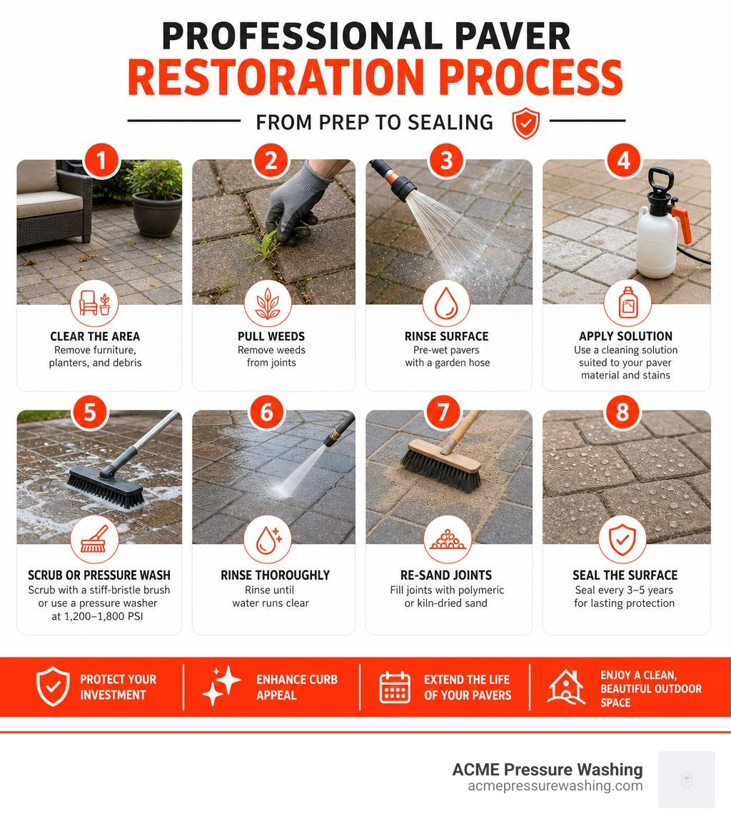 Step-by-step infographic: professional paver restoration process from prep to sealing infographic