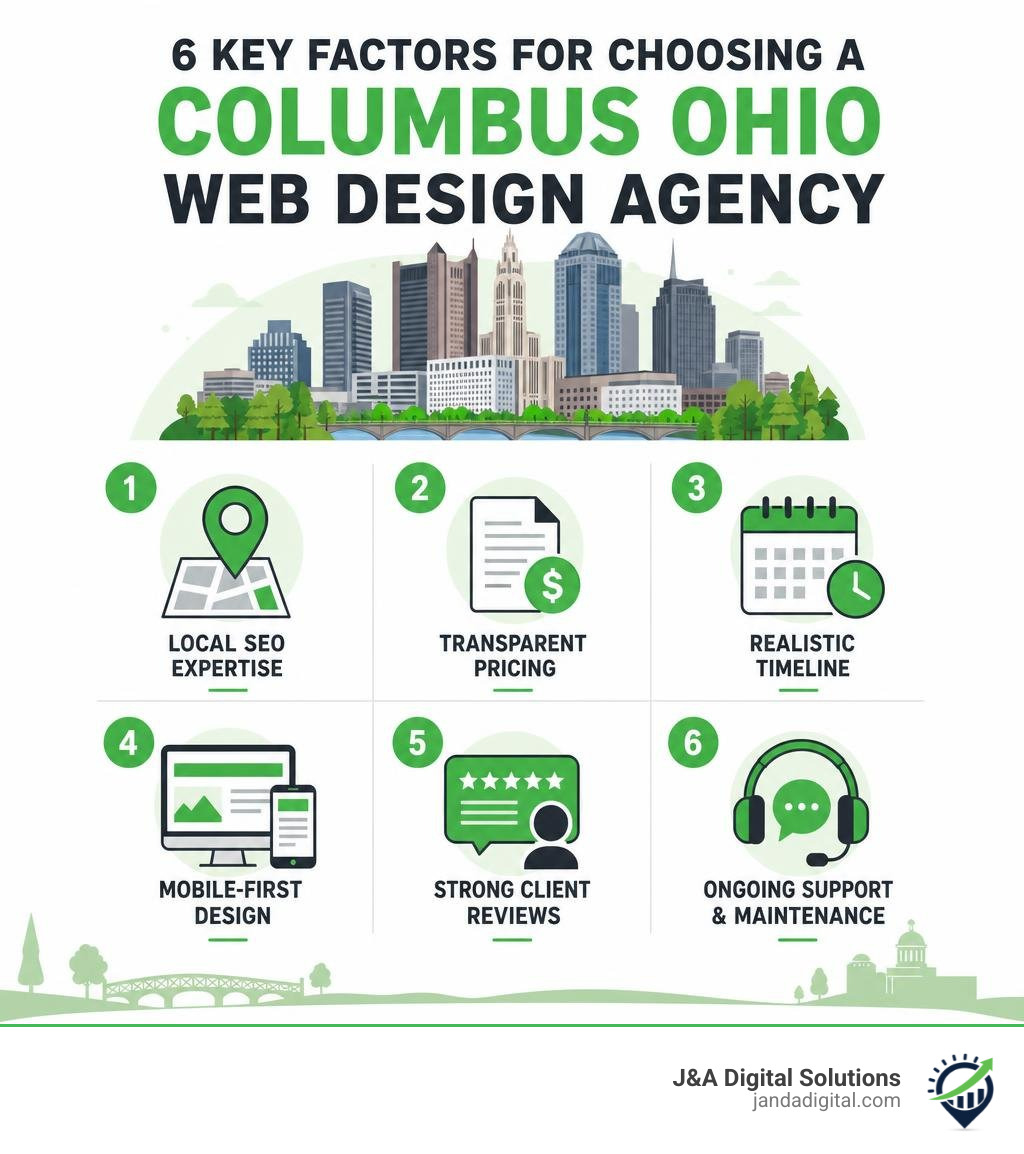 Infographic showing 6 key factors for choosing a Columbus Ohio web design agency including local SEO, pricing, timeline