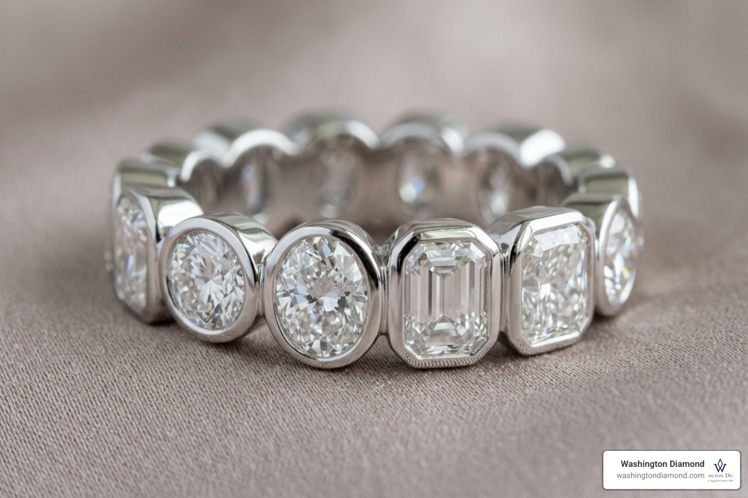 Various diamond cuts like round, oval, emerald, and radiant in bezel settings Various diamond cuts like round, oval, emerald, and radiant in bezel settings