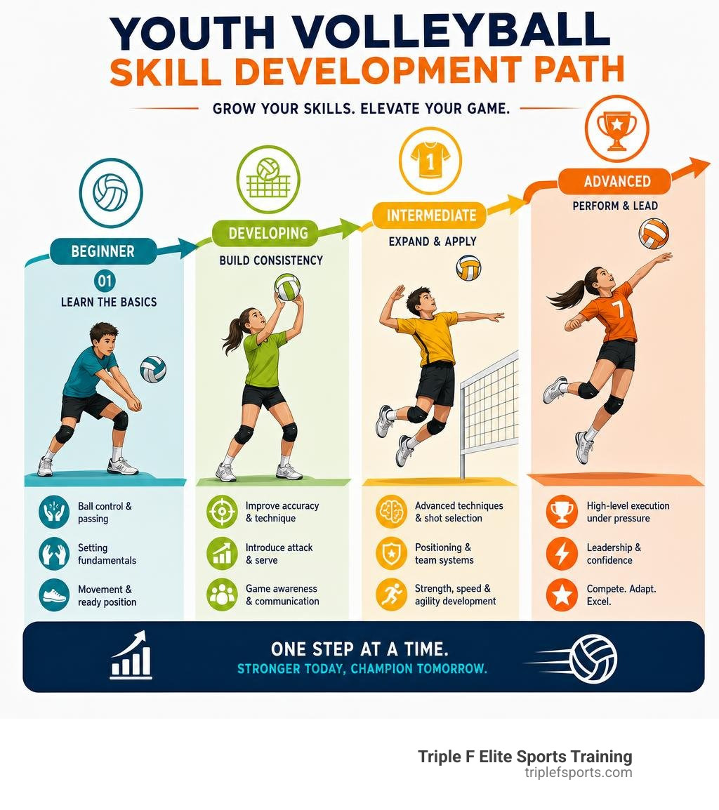 Infographic showing progression of youth volleyball skill development from beginner to advanced infographic Infographic showing progression of youth volleyball skill development from beginner to advanced infographic