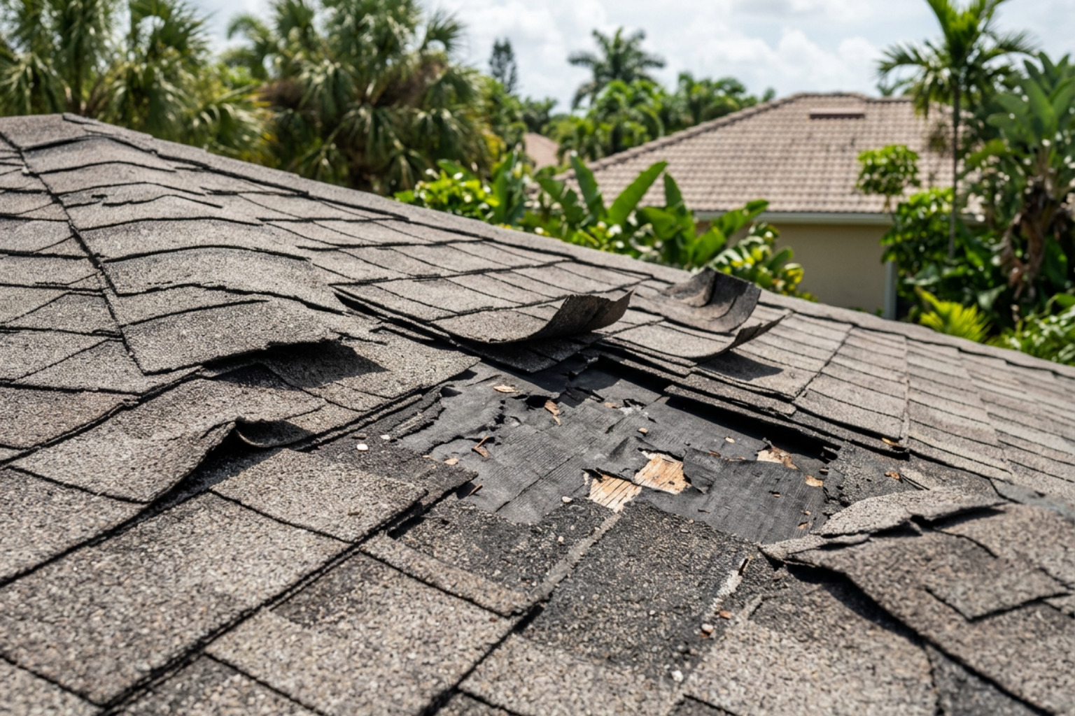 wind-damaged shingles on a South Florida home