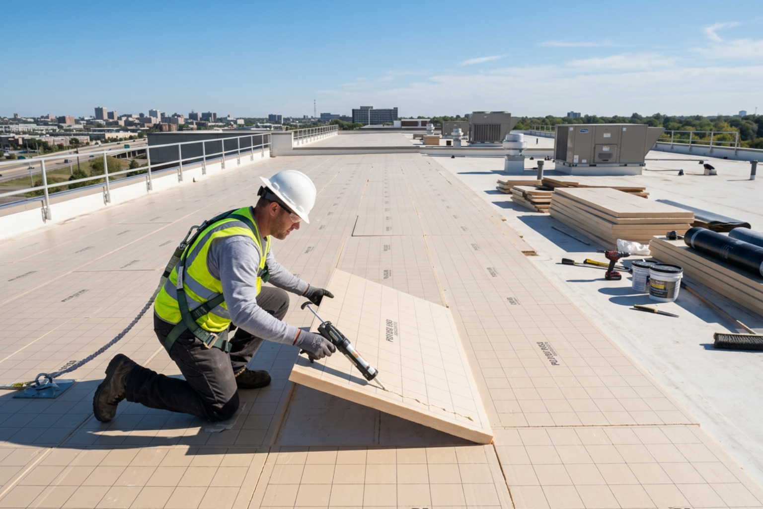 Contractor installing rigid insulation boards on an exterior roof deck
