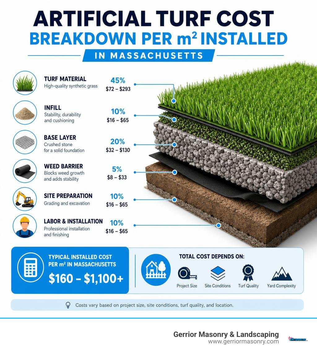 Infographic showing breakdown of artificial turf per square metre installed costs in Massachusetts infographic
