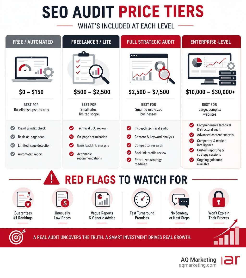 SEO audit price tiers, what's included at each level, and red flags to watch for infographic SEO audit price tiers, what's included at each level, and red flags to watch for infographic