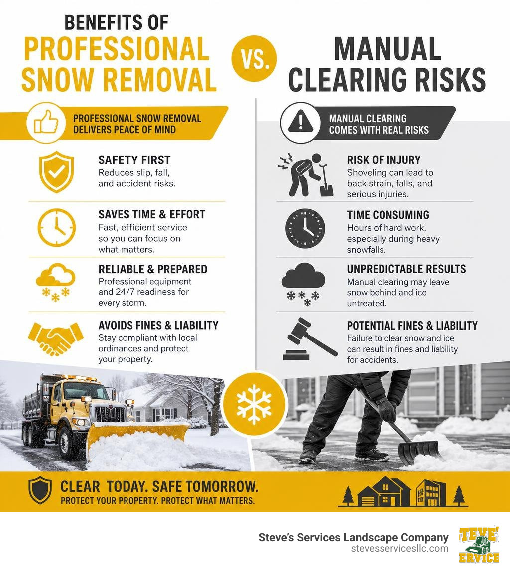 Benefits of professional snow removal vs. manual clearing risks infographic infographic