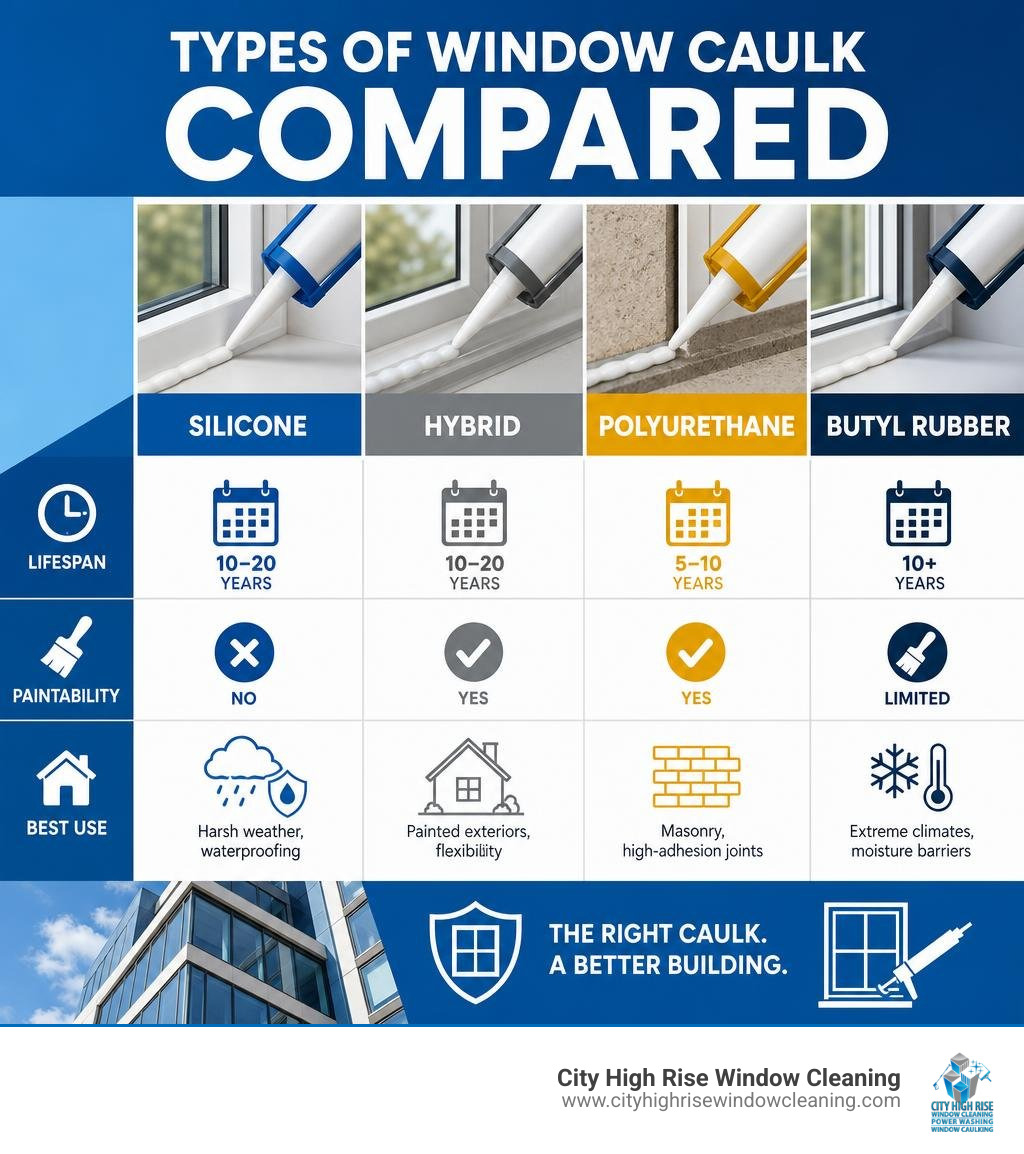 Types of window caulk compared: silicone, hybrid, polyurethane, butyl rubber — lifespan, paintability, best use infographic Types of window caulk compared: silicone, hybrid, polyurethane, butyl rubber — lifespan, paintability, best use infographic