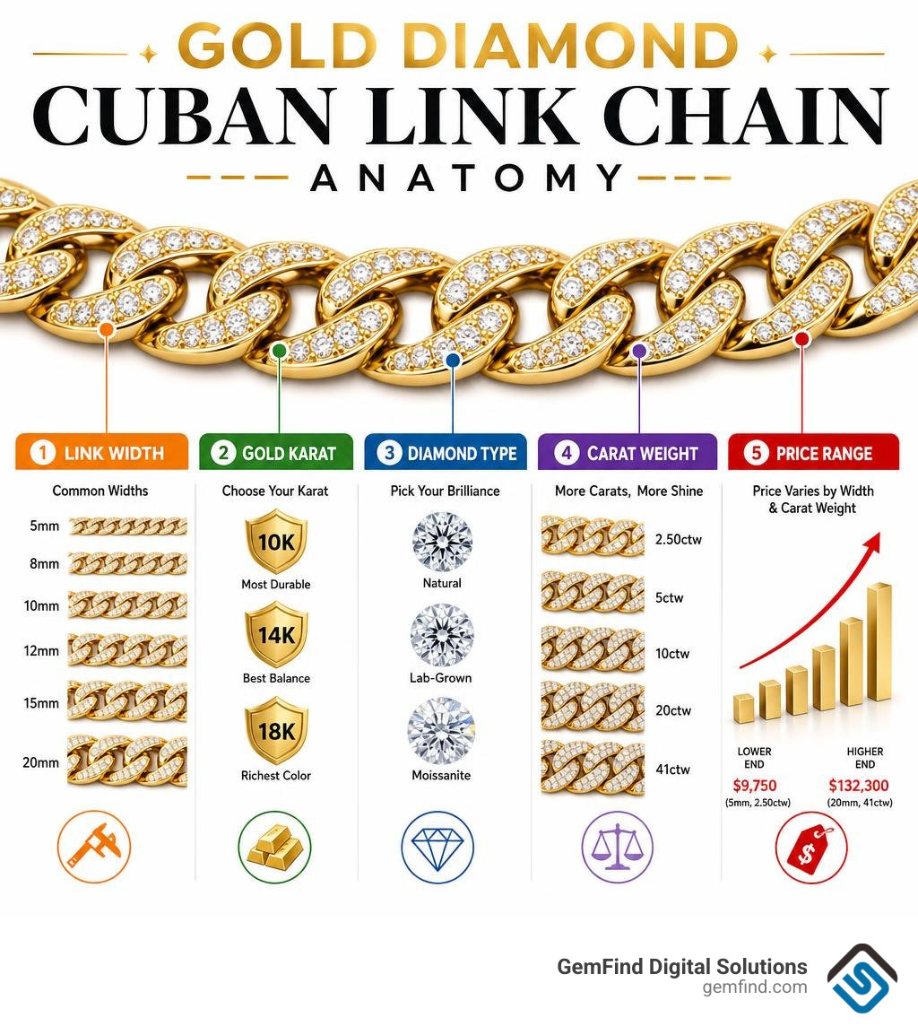 Infographic showing gold diamond Cuban link chain anatomy: link width, gold karat, diamond type, carat weight, and price Infographic showing gold diamond Cuban link chain anatomy: link width, gold karat, diamond type, carat weight, and price
