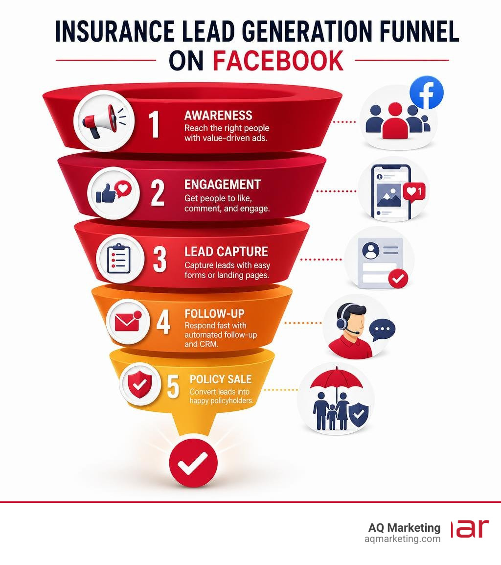 Insurance lead generation funnel on Facebook: Awareness > Engagement > Lead Capture > Follow-Up > Policy Sale infographic Insurance lead generation funnel on Facebook: Awareness > Engagement > Lead Capture > Follow-Up > Policy Sale infographic