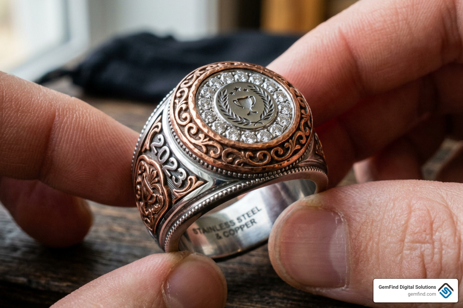 championship ring materials showing stainless steel and copper details