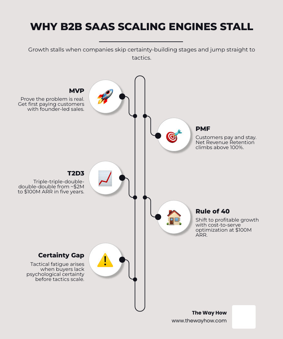 Four stages of B2B SaaS growth from MVP to $100M ARR with key metrics at each stage infographic