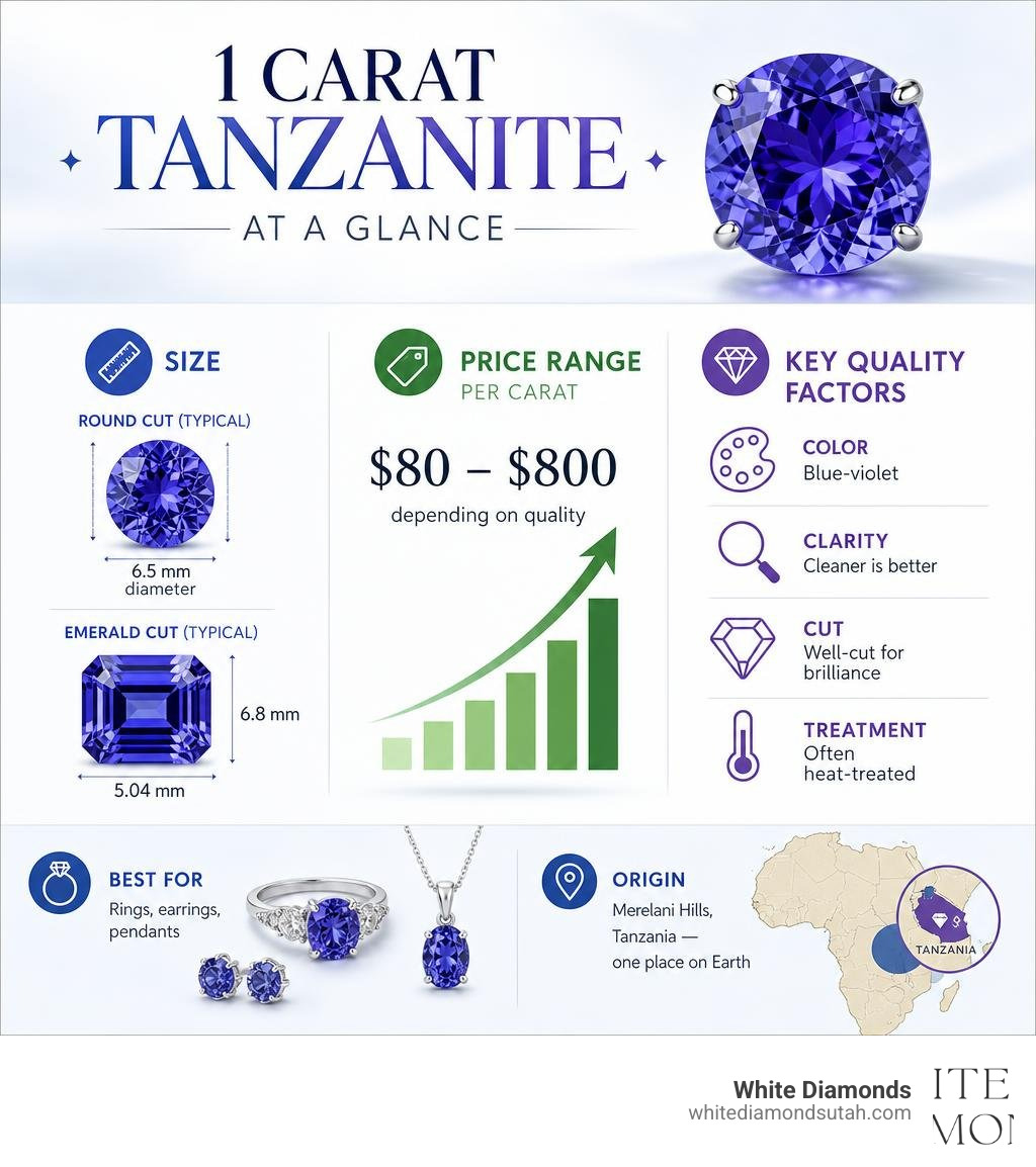 Infographic showing 1 carat tanzanite size, price range, and key quality factors at a glance infographic Infographic showing 1 carat tanzanite size, price range, and key quality factors at a glance infographic