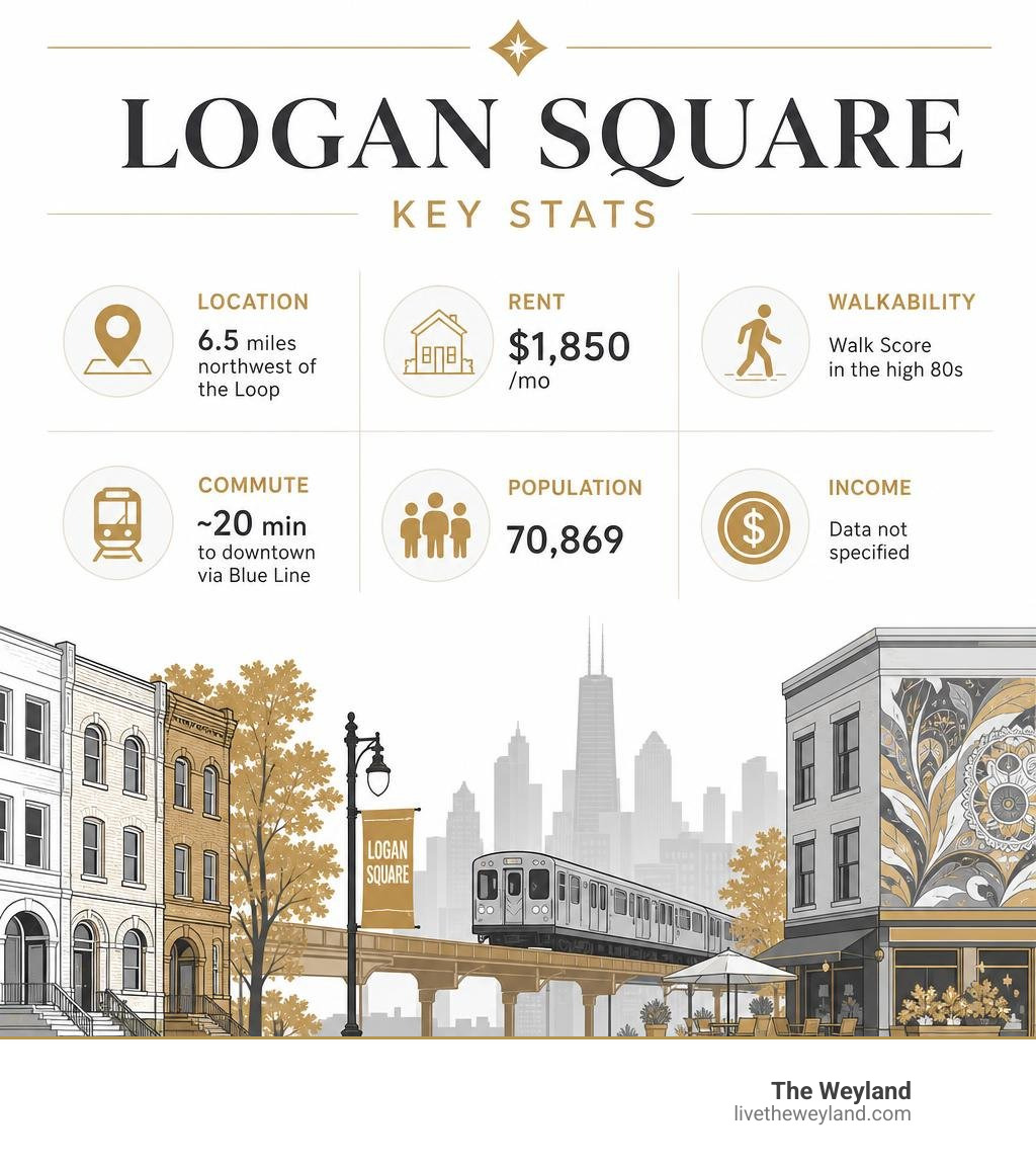 Logan Square key stats infographic: location, rent, walkability, commute, population, income infographic Logan Square key stats infographic: location, rent, walkability, commute, population, income infographic