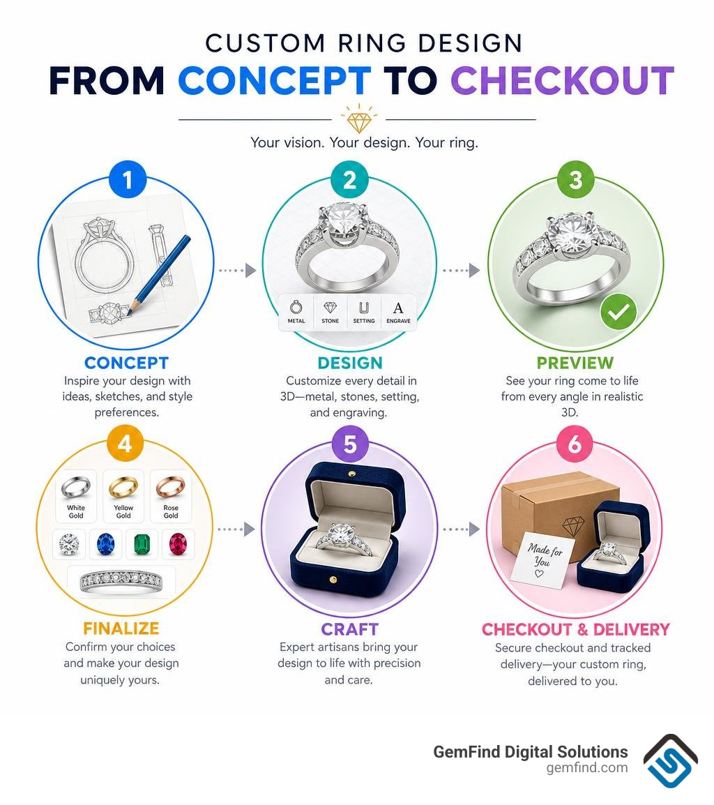 Infographic showing the custom ring design process from concept to checkout infographic