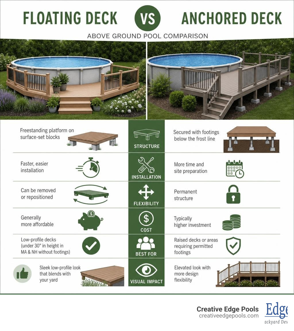 Floating deck vs anchored deck comparison infographic for above ground pools infographic