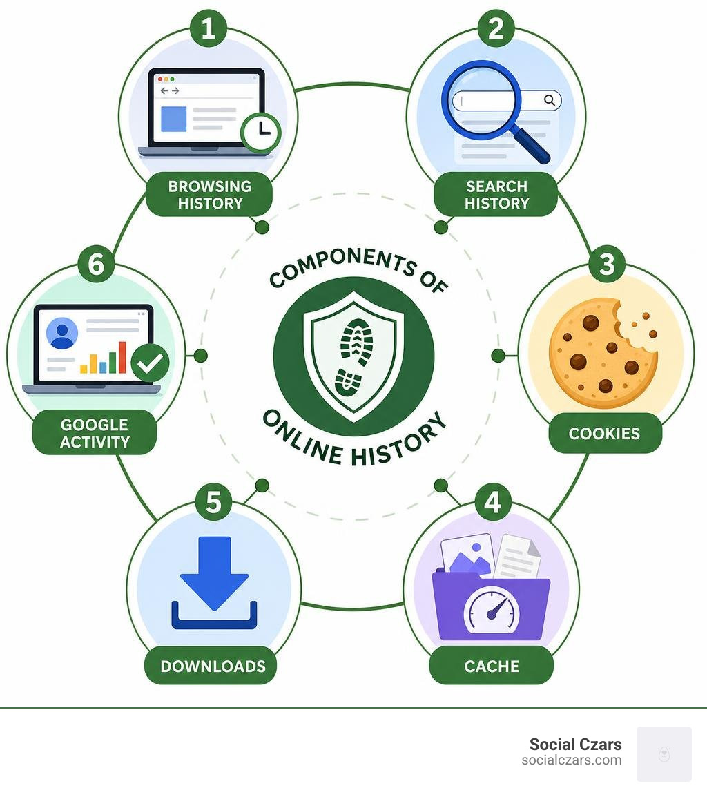 Components of online history: browsing history, search history, cookies, cache, downloads, Google activity infographic