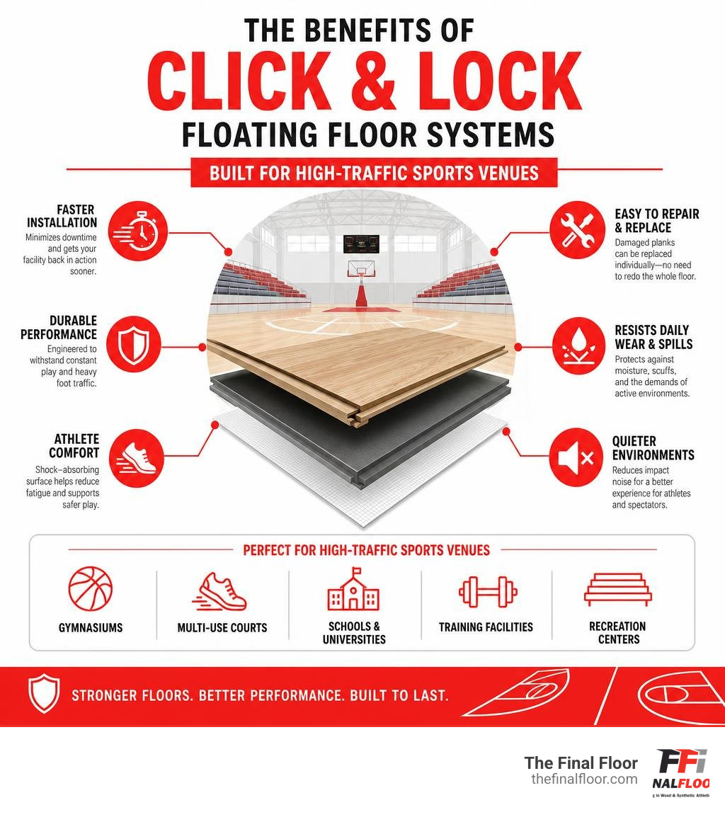Infographic showing benefits of click and lock floating floor systems in high-traffic sports venues infographic Infographic showing benefits of click and lock floating floor systems in high-traffic sports venues infographic