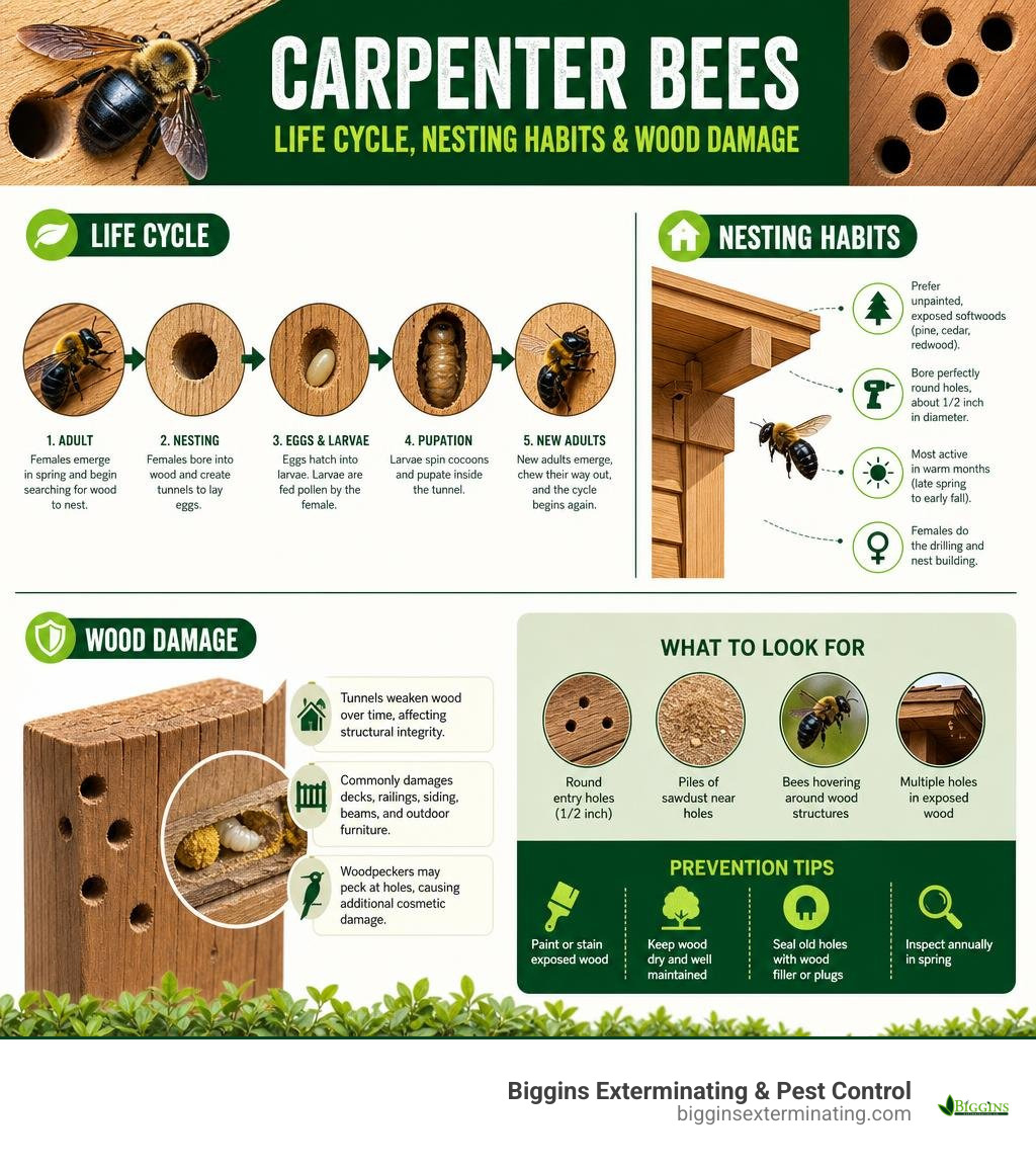 Carpenter bee life cycle, nesting habits, and wood damage infographic infographic