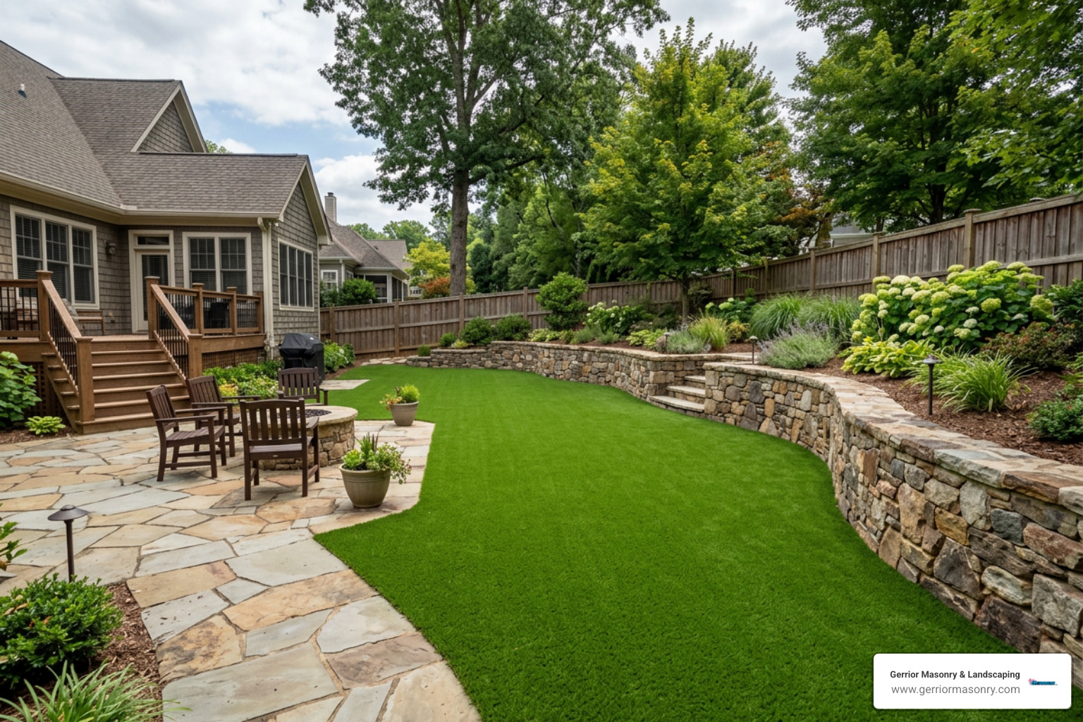completed artificial turf lawn integrated with stone masonry