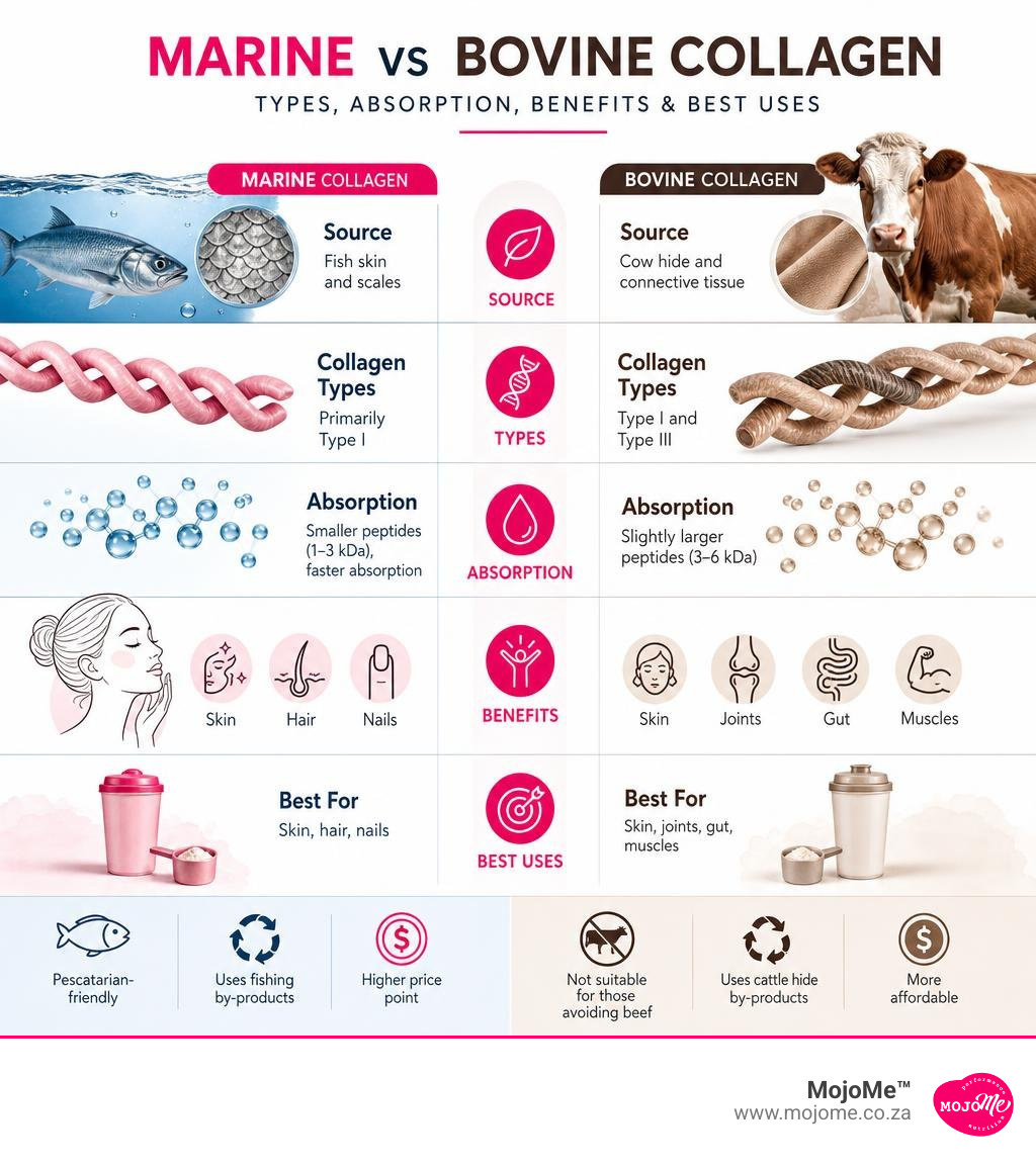Marine vs bovine collagen comparison infographic: types, absorption, benefits and best uses infographic