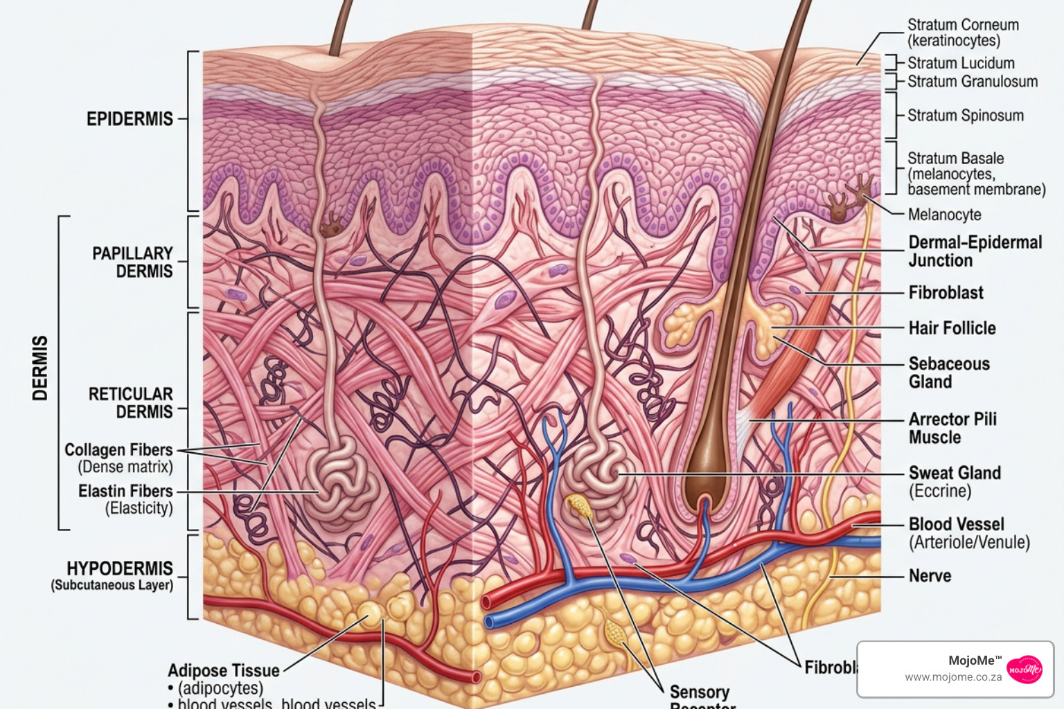 Detailed diagram of healthy skin structure showing dense collagen and elastin fibres in the dermis