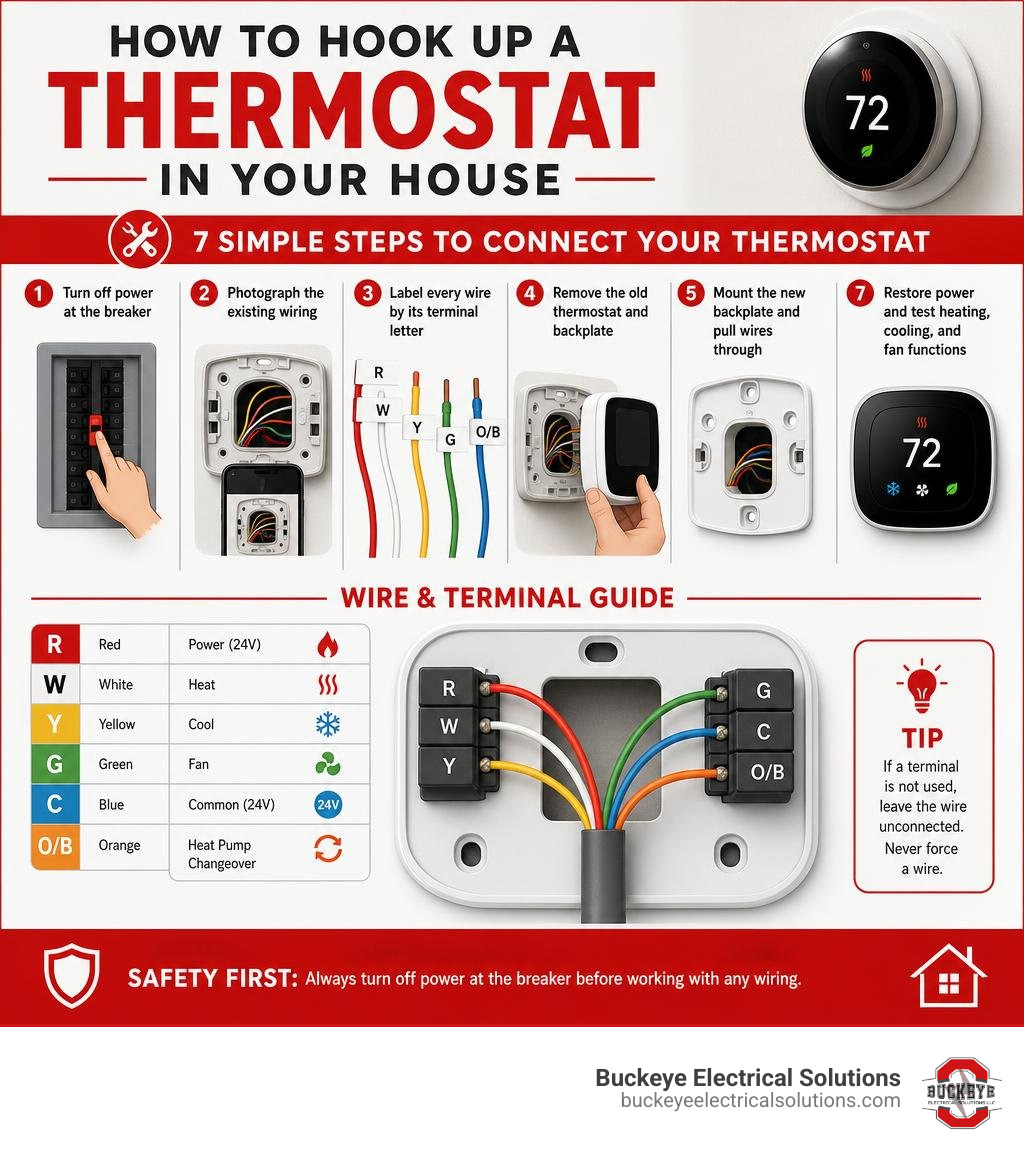 infographic showing basic steps to hook up a thermostat in a house with wire labels and terminal guide infographic